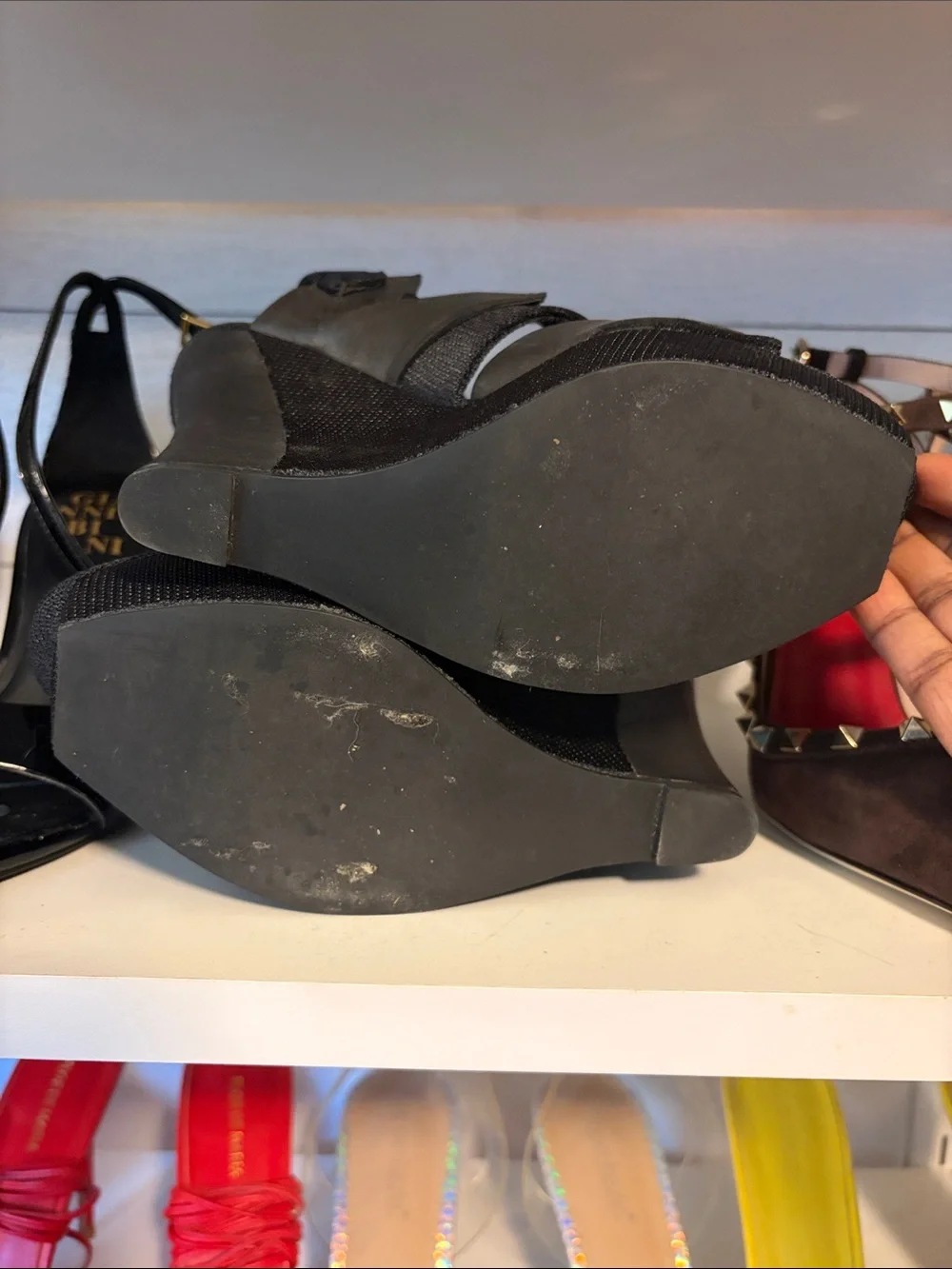 L.A.M.B. Black Leather Ankle-Strap Platform Wedges
